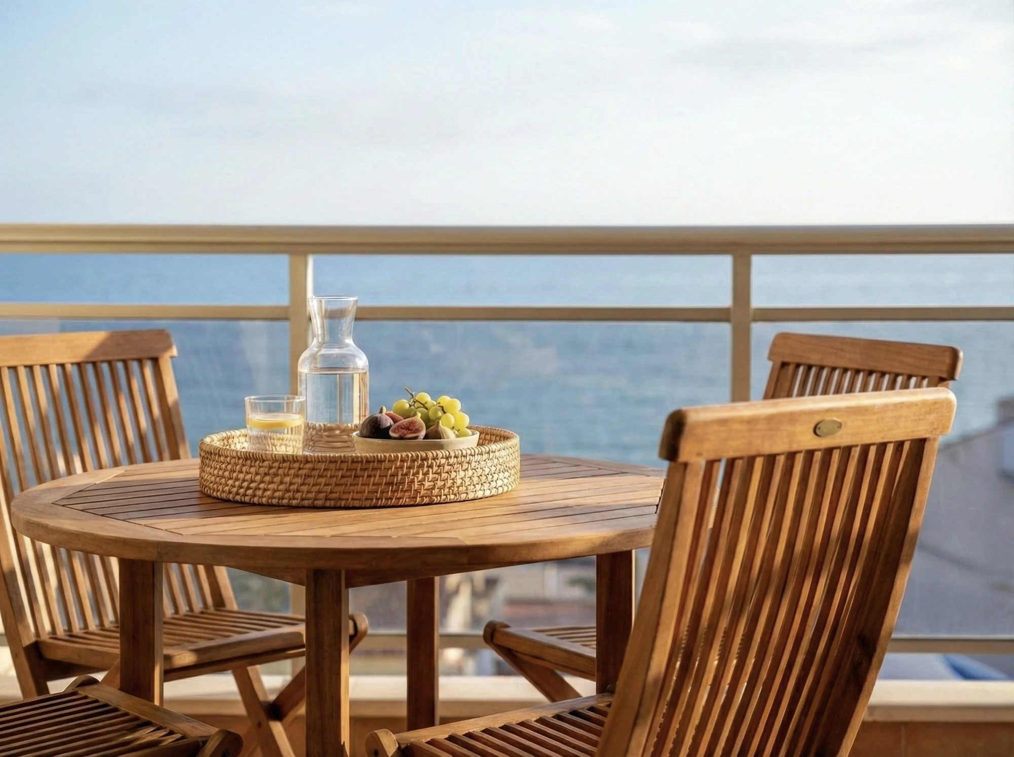 Mesa de madera en la terraza del apartamento con vistas al mar