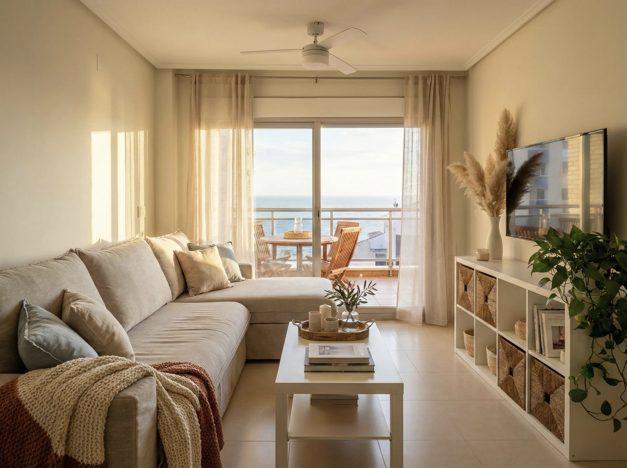 Salón del apartamento con sofá y salida a la terraza